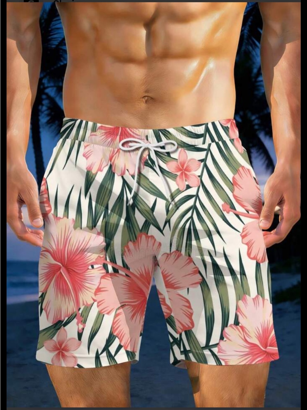 SHEIN Men’s Tropical Floral Swim Trunks - White Coral & Green Print Lg